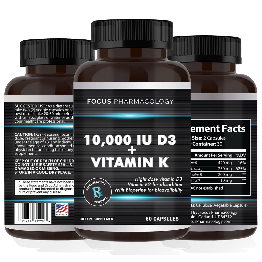 Witamina K2 z suplementem D3 do kości 124; Heart Health Non-GMO Formuła 10 000 j.m. Witamina D3 & 200 µg Witamina K2 (MK7)