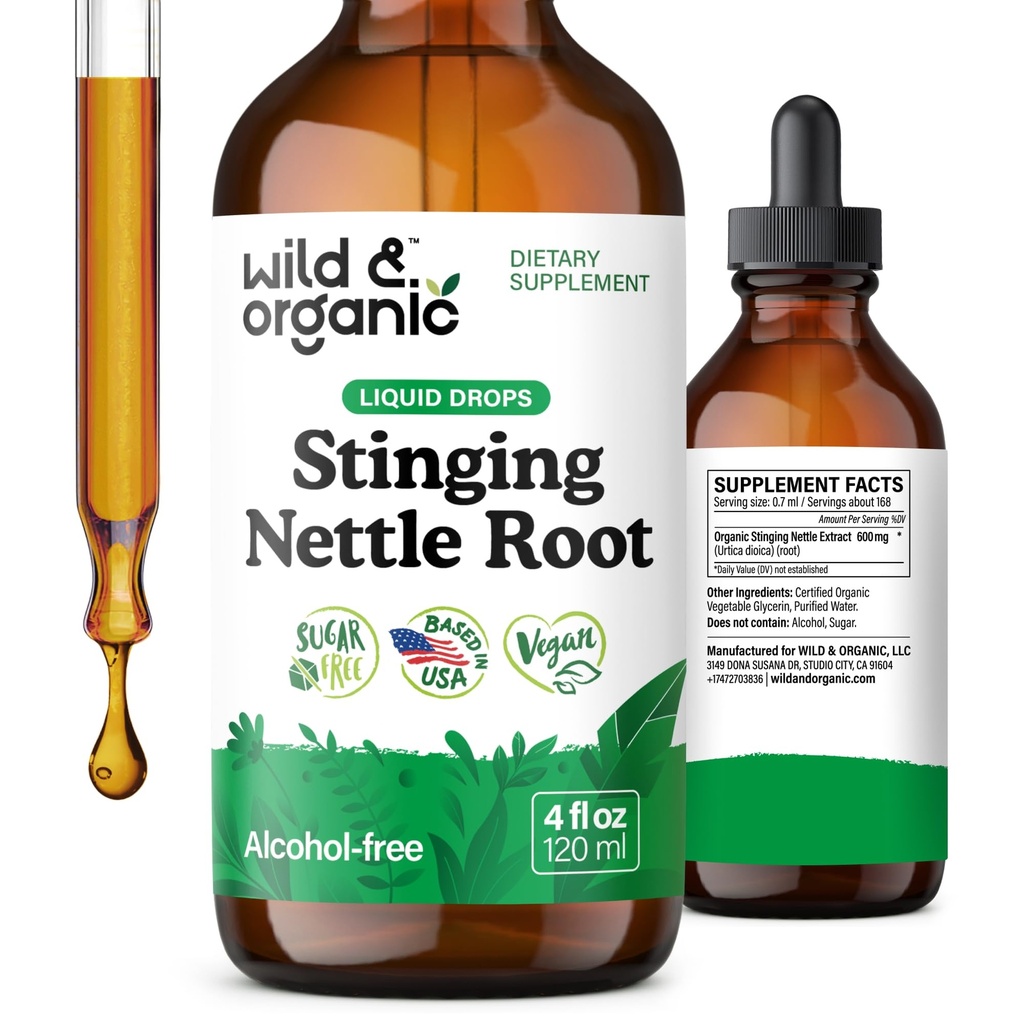Wild & Organic Stinging Nettle Tincture - Wyciąg z linga Nettle Root dla mężczyzn i kobiet - Liquid Urtica Dioica Supplement - Vegan, Sugar & Alcohol- Free - 4 fl oz
