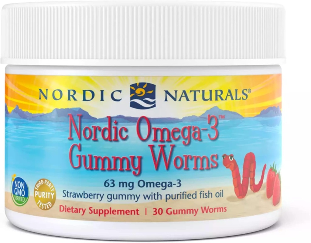Nordic Naturals Nordic Omega-3 Gummy Worms, Strawberry - 30 Gummy Worms - 63 mg Total Omega- 3 z EPA & DHA - - 30 Służenia