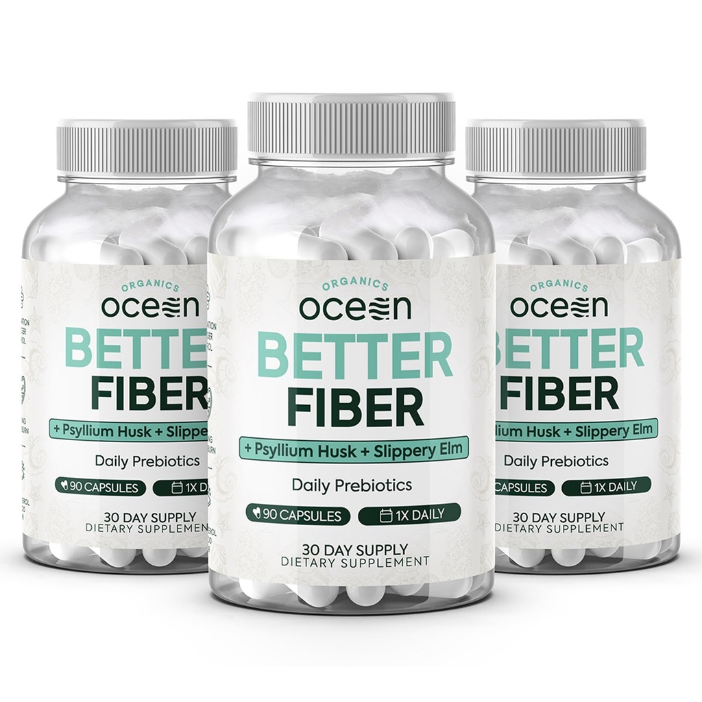 Organic Ocean Better Fiber - Daily Fiber Supplement - Soften Stool for Effortless Bowel Movements - z Psyllium Hulk i Slippery Elm - 3 Butelki