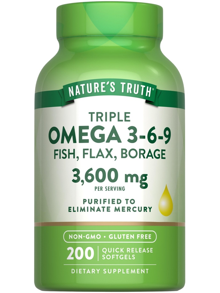Nature 's Truth Triple Omega 3 6 9 Bilans 124; 3600mg Bilans 124; 200 Softgels Bilans 124; Fish, Flax, and Borage Oils Bilans 124; Non-GMO & Gluten