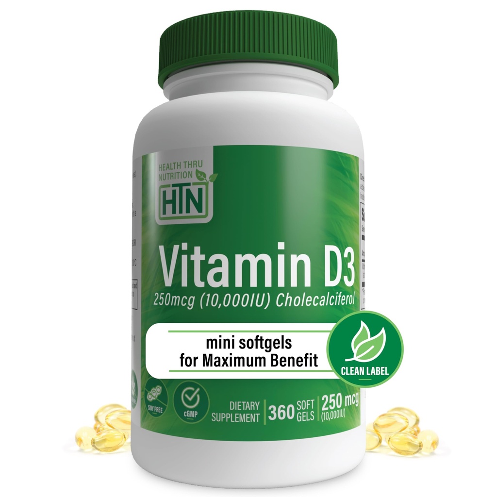 Zdrowie Thru Nutrition Witamina D3 10,000iu 360 Mini Softgels dla maksymalnej korzyści rok dostaw 124; 250mcg Cholecalciferol 124; 3. strona Tested 124; Non-GMO USP Stopień jakości ekologicznej EVOO 124; Wsparcie dla zdrowia immunologicznego