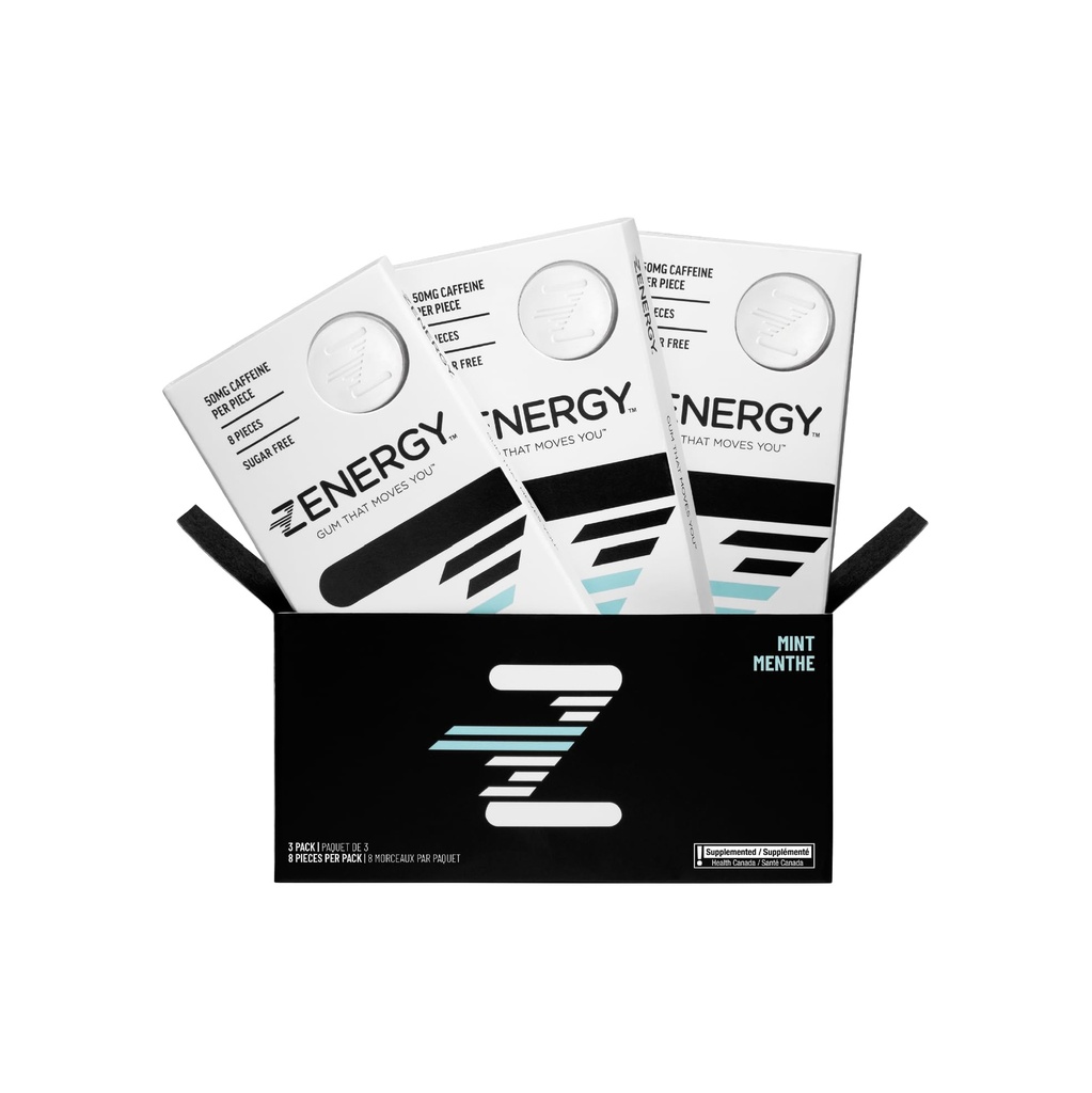 ZENERGY ENERGY Gum - Mental Flavor 124; 50mg Caepine + 35% B6 i 45% B12 Witamina Gulf 124; Wegan, 0 Cukier, 0 Kalorii, 0 Gluten, 0 Aspartam, Non-GMO, Natychmiastowa akcja 124; 3 Pack = 24