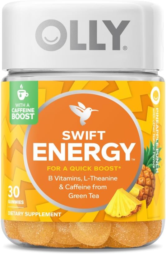 OLLY Swift Energy Gummy, Kofeina z zielonej herbaty, Witaminy B, L Theanine, Dorosły suplement do żucia, Ananas, 10 Day Supply - 30 Count