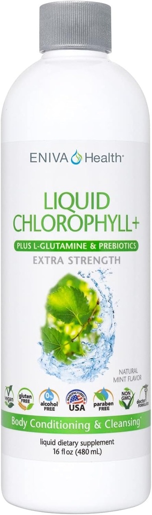 Eniva Health Liquid Chlorophyll Super Zielonych 124; 24K MG z Prebiotykiem & L- Glutaminy 124; Mint Flavor Between 124; Skóra, Odporność, Energia, Detox, Gut Zdrowie 124; Wegan, Gluten & Alkohol Free 124; 48 Sługi 124; USA Made