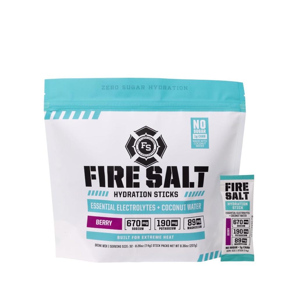 Fire Science Fire Salt Hydration Sticks, Elektrolity i wody kokosowej, Napoje Hydration Mix z Magnezu, Potasu i Sodu, Cukier zerowy, Pojedynczy Podawać na Go Packs, Berry Flavor, 32 Count