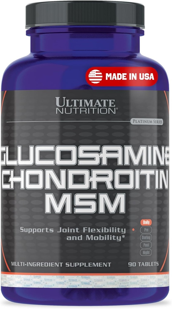 Ultimate Nutrition Glucozamine, Chondroitin & MSM Supplement for Joint Flexibility & Mobility - Pomaga Joint Health, Chitlage, Connective Tissue & Bone Strength - Ulga dla mężczyzn i kobiet - 90 tabletek