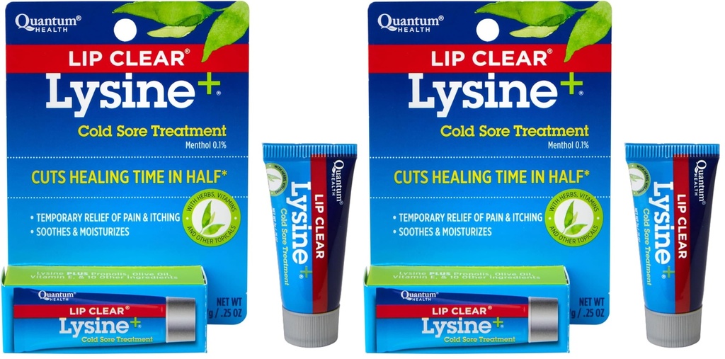 Quantum Health Lip Clear Lysine+ Cold Sore Treatment Soothe & Moisturize Mouth Sores - L-Lysine Menthol Calendula & Propolis Ointment - Transparent Fever Blister Healing Balm - 0.25 Oz (Pack of 2)