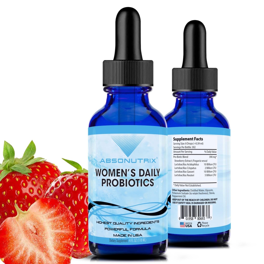 Absonutrix Women 's Daily Probiotics 390 mg, 4 Oz Liquid, 302 Servings, Made in USA, Szybka absorpcja, Jakość składników mocnych, Non-GMO, GMP Certified Facility, Cruelty- Free Products