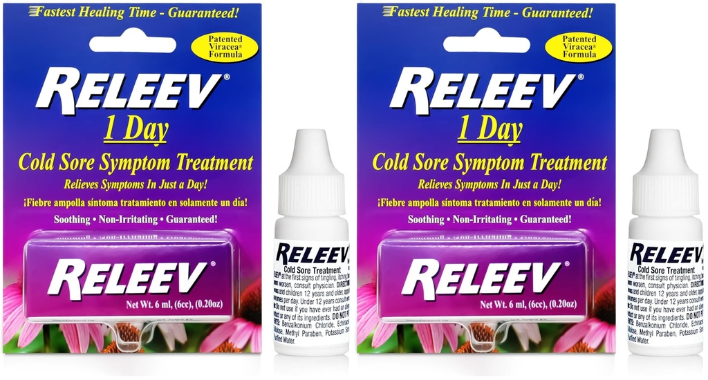 Releev 1-Day Cold Sore Treatment 6 mL – Fast Relief for Fever Blisters, Pain, Tingling & Itching – Soothing Non-Irritating Formula (Pack of 2)
