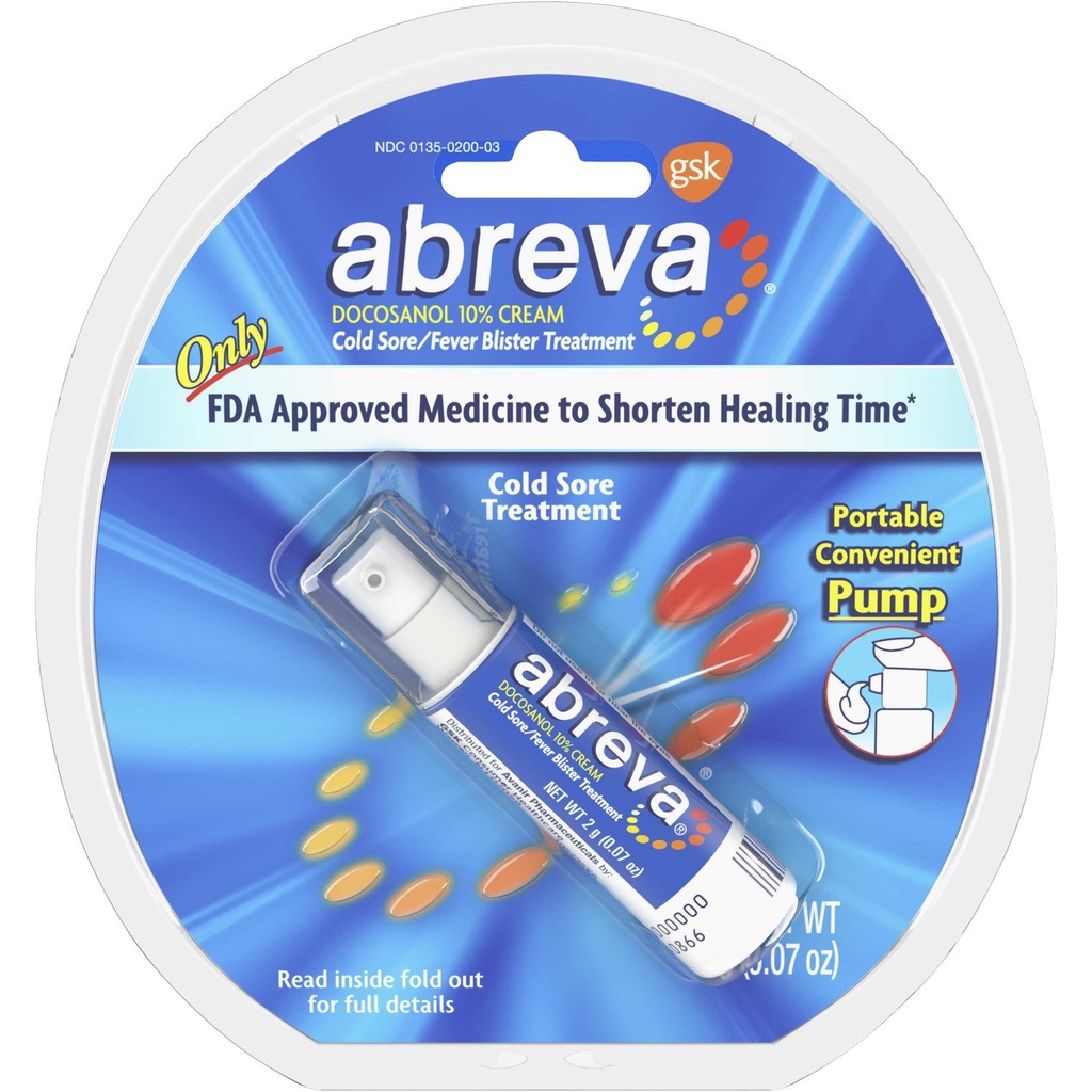 Abreva Docosanol 10% Cream Pump, Only FDA Approved Treatment for Cold Sore/Fever Blister, 2 grams