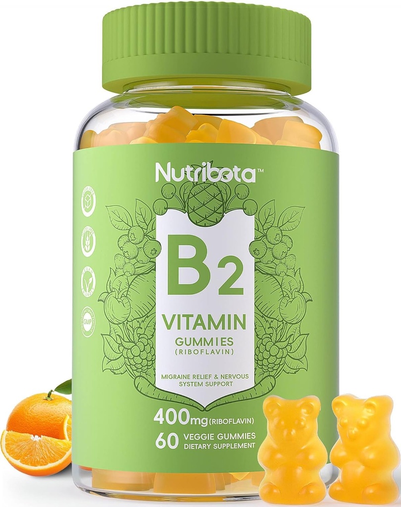 Witamina wolna od cukru B2 Gummies- Riboflavin 400mg 200mg z magnezu, CoQ10 dla dorosłych i dzieci, Wegan, 60 Hrabia