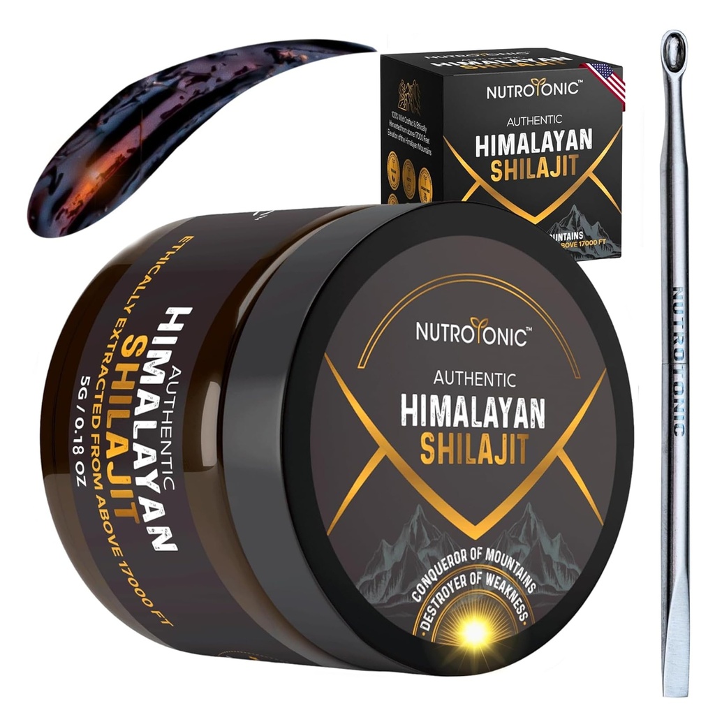 NutroTonic ® Autentic Himalayan Shilajit Resin for Men & Women - Gold Grade 86% Fulvic Acid - Wild Crafted + 17000 FT - 40x Nano Filtered & Sun Dried - 3rd Party Lab Tested - 5g Jar