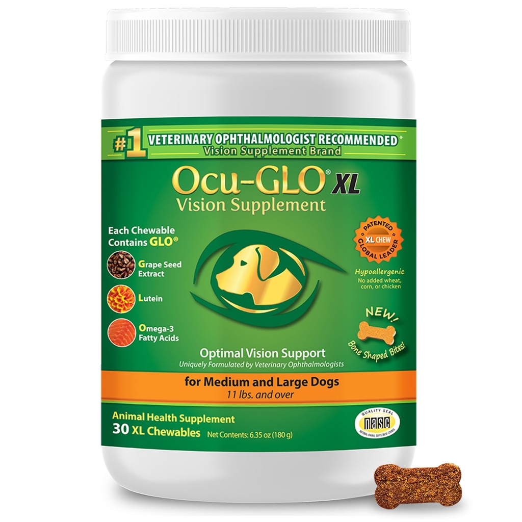 Ocu- GLO Cat & Dog for Eye Support - Suplement do żucia do pielęgnacji dużych i małych zwierząt domowych z luteiną, Omega-3 Kwasy tłuszczowe, ekstrakt z nasion winogron i przeciwutleniacze 30 XL Chewables