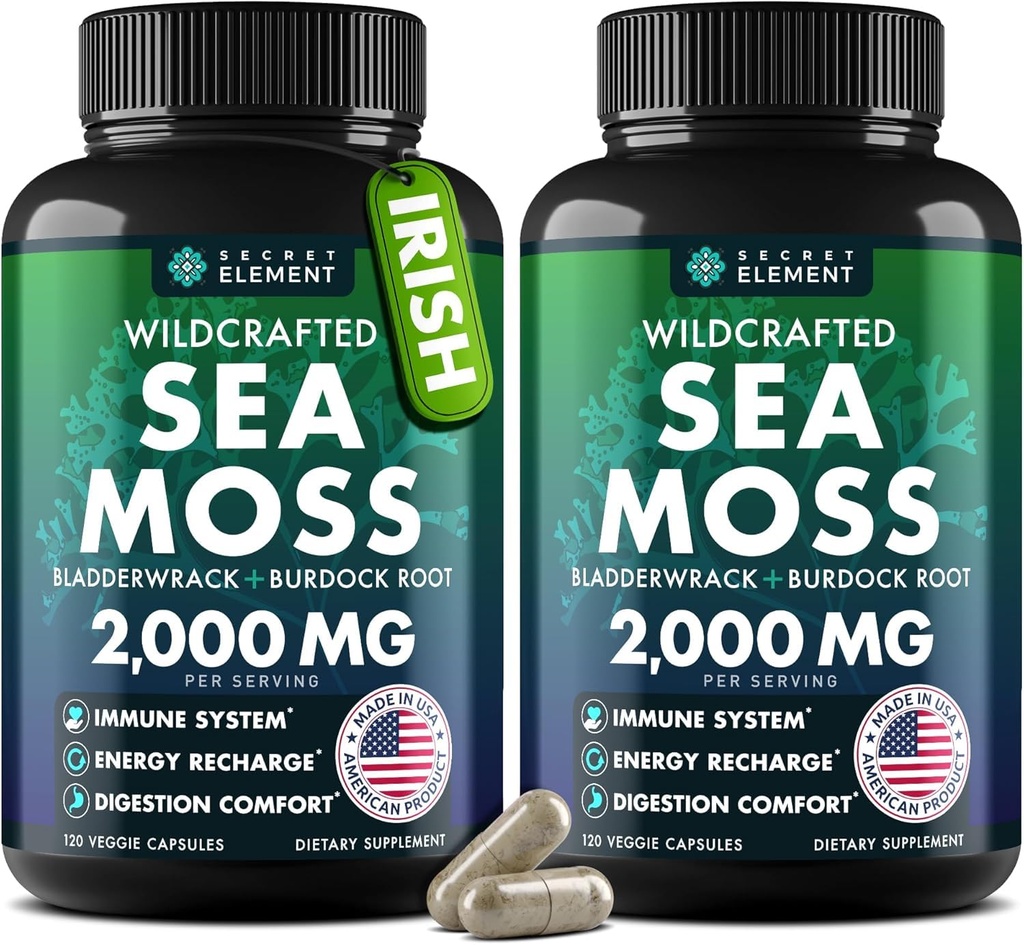 Sea Moss kapsułki - Irish Sea Moss Advanced z Burdock Root, Bladderwrack & Muira Puama dla odporności, Gut, & Energy - Superfood Sea Moss Suplementy w / Surowy Sea Moss proszku (2 Pack)