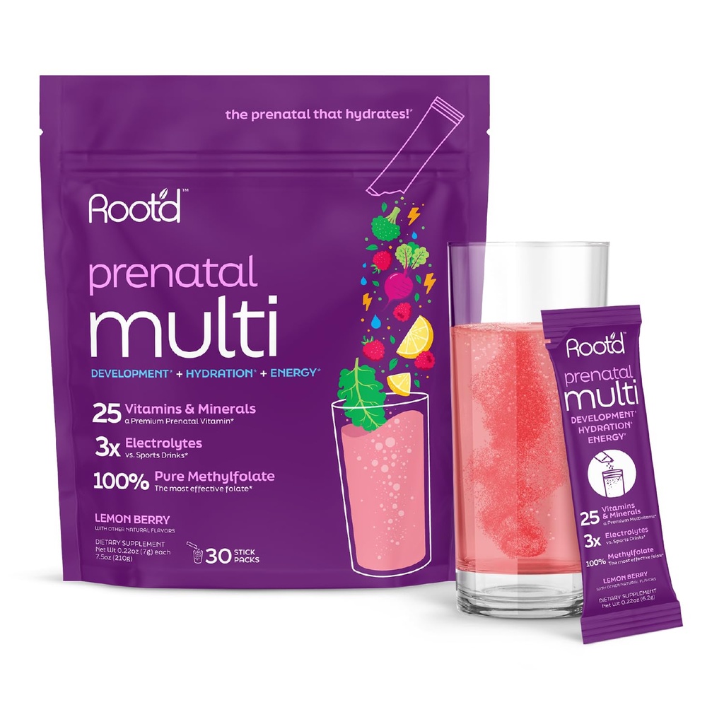 Root 'd Prenatal Multivitamin Proszek - 25 Witaminy i minerały z 3x Electrolytes, Folate, Żelazko, D3 dla mamy i dziecka, 7 Superfood & Probiotyki, Bezcukrowe witaminy i Nawilżenia 124; 30 Napoje witaminy