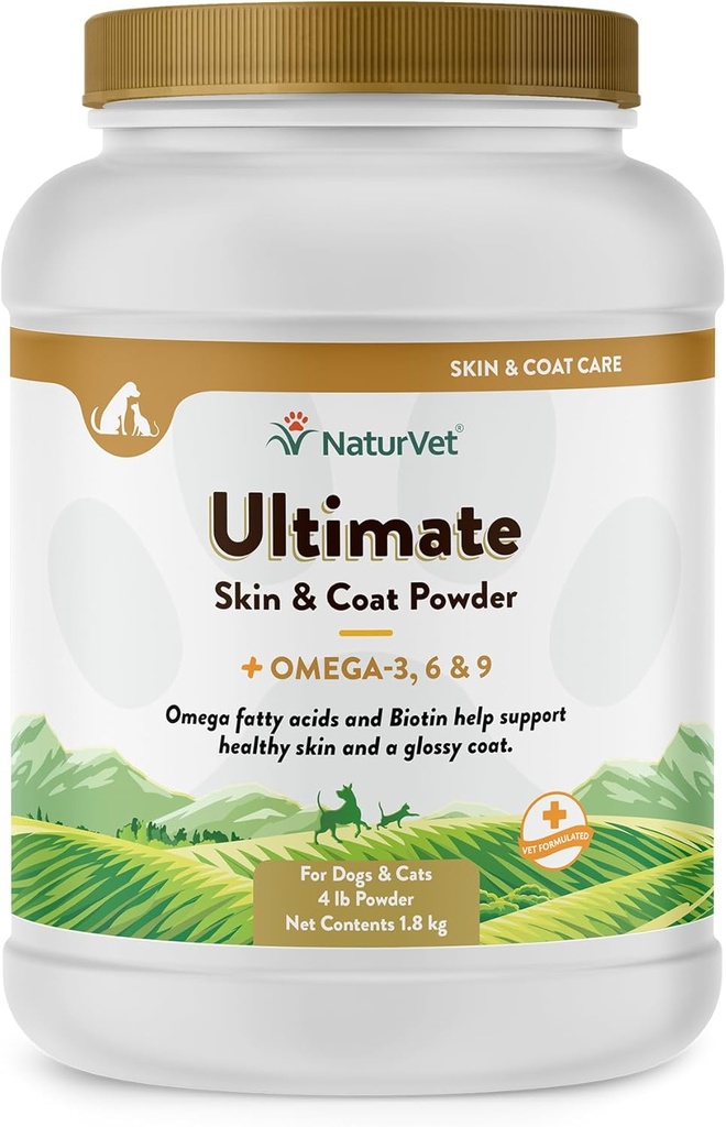 NaturVet Ultimate Skin & Coat Powder Pet Suplement dla psów i kotów - Zawiera Omegas 3, 6, 9, Biotin, Witaminy - Dla zdrowego psa Coats, skóry kota - Smaczne jedzenie Topper dla zwierząt domowych - 4 lbs.