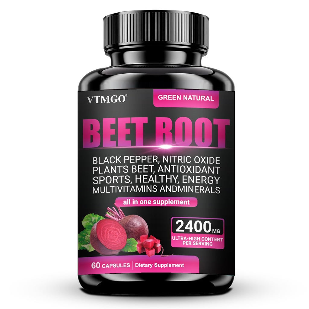 Beet Root Capsules | 2400mg Beets + Black Pepper 95% Piperine | Daily Energy & Circulation Support* | Simple 3-Cap Serving | 60 Ct Supplement