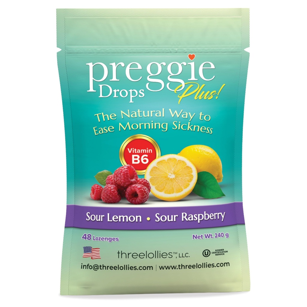 Preggie Pop Drops Plus wzmocniona witaminą B6 - poranna choroba Relief wzmocniona witaminą B6. Preggie Pops dla Relief dla kobiet w ciąży Candy Drops. Sour Malina & Sour Lemon 48 Count