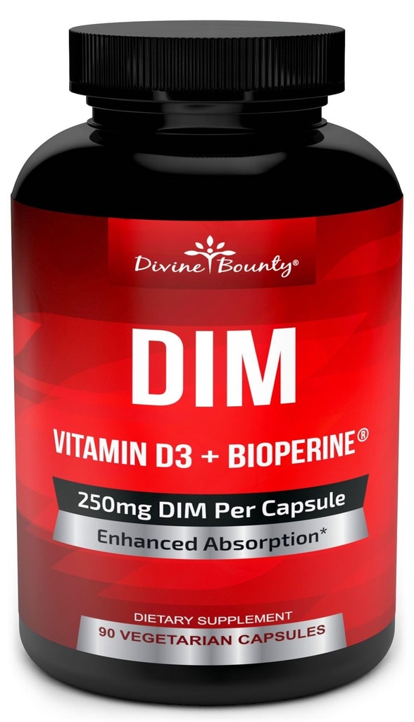 Suplement DIM 250mg z witaminą D3 Plus BioPerine - Menopauza diindolilometanu i wsparcie estrogenowe, Wsparcie równowagi hormonu dla kobiet i mężczyzn - 90 Czapki wegetariańskie