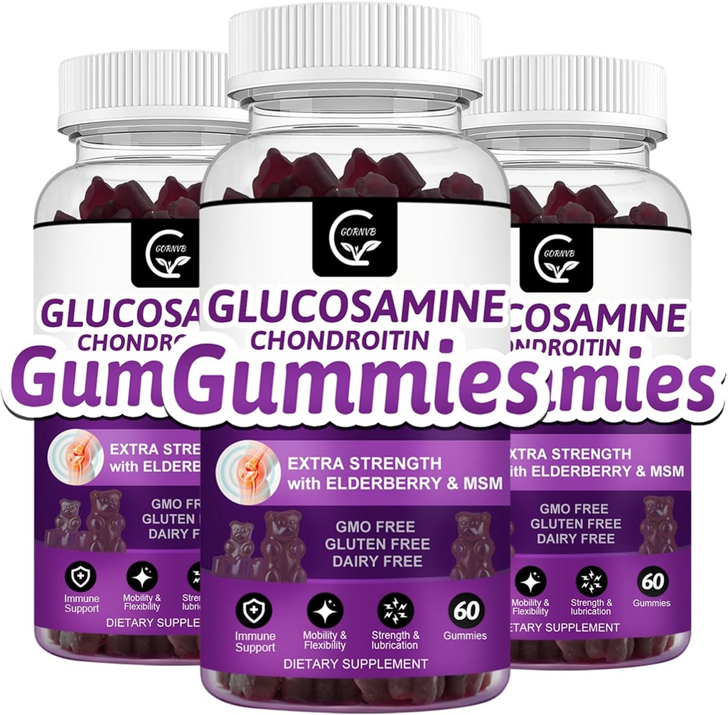 Glukozamina Gummie Chondroitin z MSM & Elderberry - Dodatkowa siła Mobilność & Elastyczność Wsparcie, Antyutleniacze Suplement immunologiczny dla dorosłych, Mężczyźni i Kobiety - 60 Gummie Chondroitin (3 Pack)