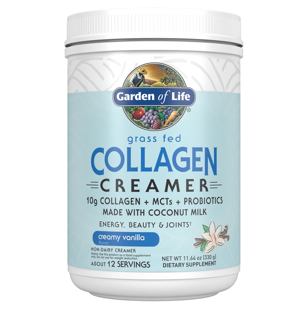 Ogród życia trawa fed Collagen Creamer Powder - kremowy Vanilla, 12 Słupki, Proszek do kawy energii Beauty Joints, Kolagen Peptydy z kokosowym MCTs, Suplementy białka Keto