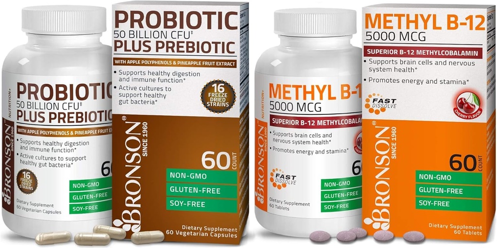 Bronson Probiotic 50 Milion CFU + Prebiotyk z Apple Polyphenols & Ananase Fruit Extract + Methyl B12 5000 µg Witamina B12 Methylcobalamina