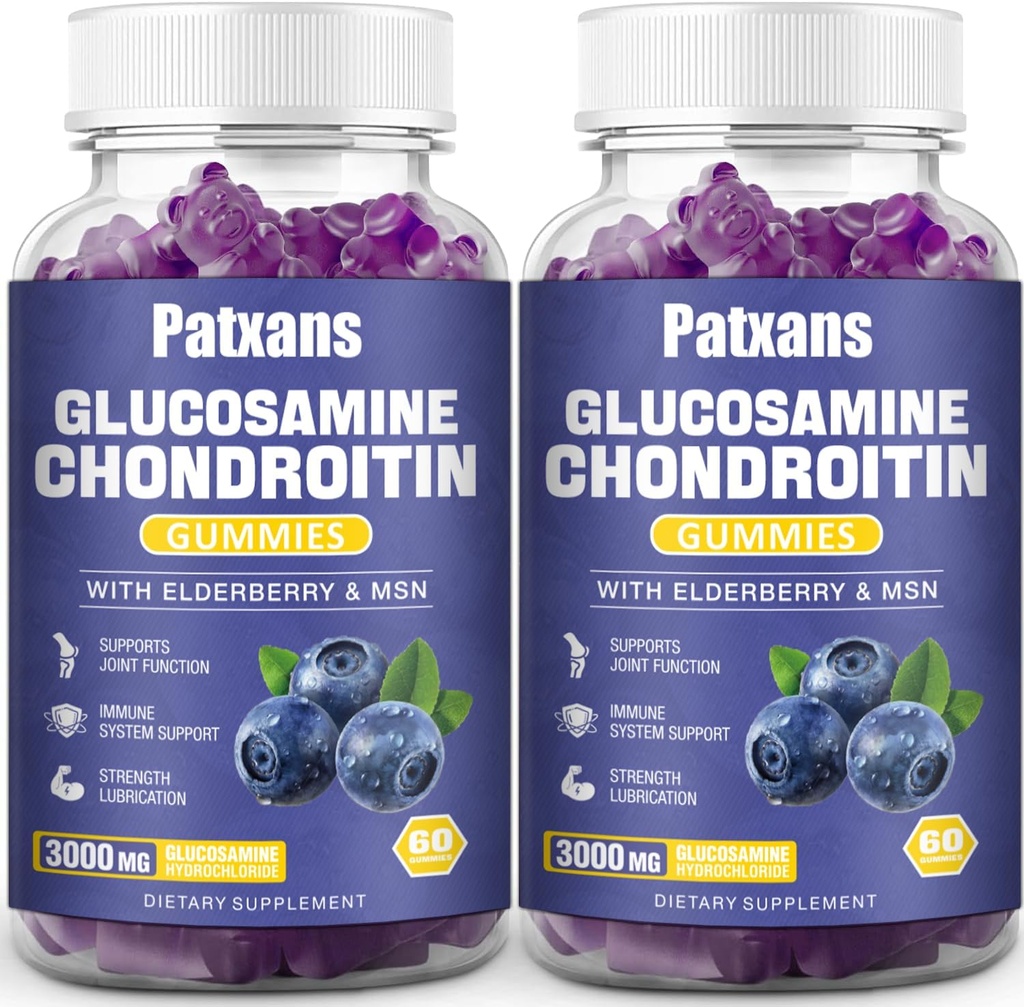 2 Opakowania 3000MG Glukozamina Gummies Chondroitin - Extra Siła Joint Health & MSM Elderberry Natural Joint Supplement Supplement, Elastyczność, Przeciwutleniające Wsparcie immunologiczne dla dorosłych, 120 Gummies.