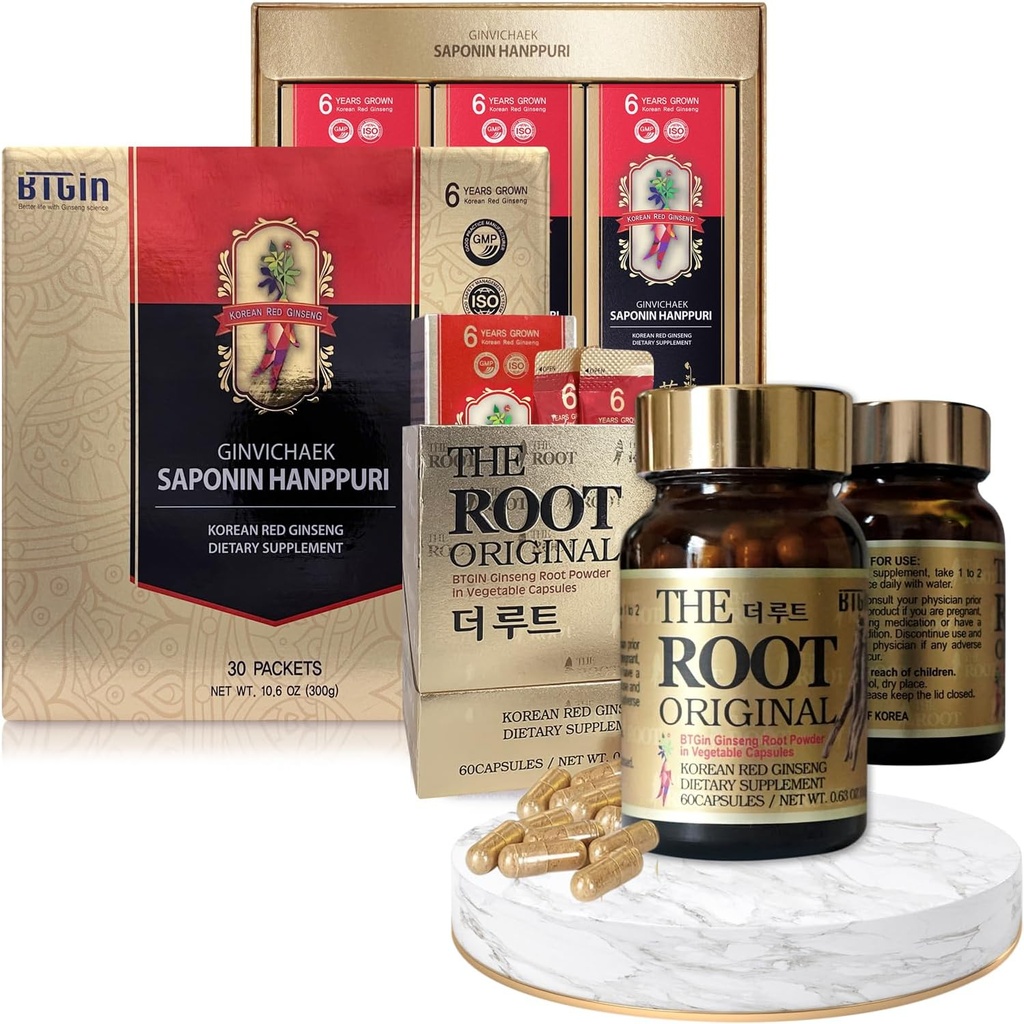 Koreański Red Ginseng Extract 3000mg i Kapsułki Bundle - Saponin Hanppuri + The Root Original - Natural Energy Supplements for Immune Support, Stress Relief, Focus & Mental Clarity with Ginsenozyde Rg3