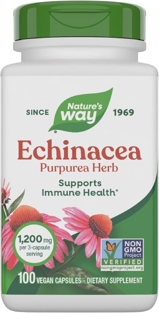 Natural 's Way Echinacea Purpurea Herb, Immune Supplement *, 1200 mg na 3-kapsułkowe podawanie, Projekt nieGMO zweryfikowany, Wegan, 100 Kapsułki (Opakowania maja Vary)