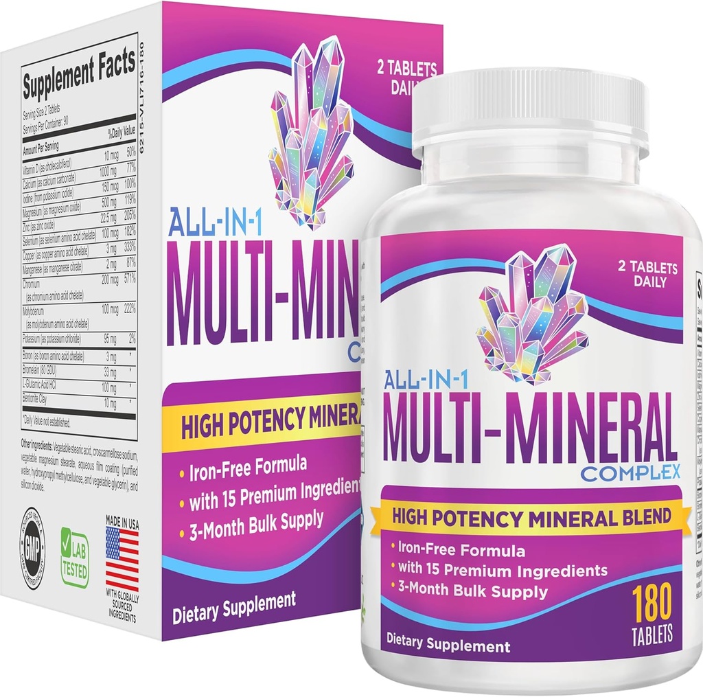 All- in-1 Multimineral Supplement Blend (Iron Free Formula) Multiminerały 124; Ślady minerałów 124; Wysoka moc Multi Mineral Supplements 124; Kompleks mineralny 124; 90- Day Bulk Supply 124; 180 Tablets
