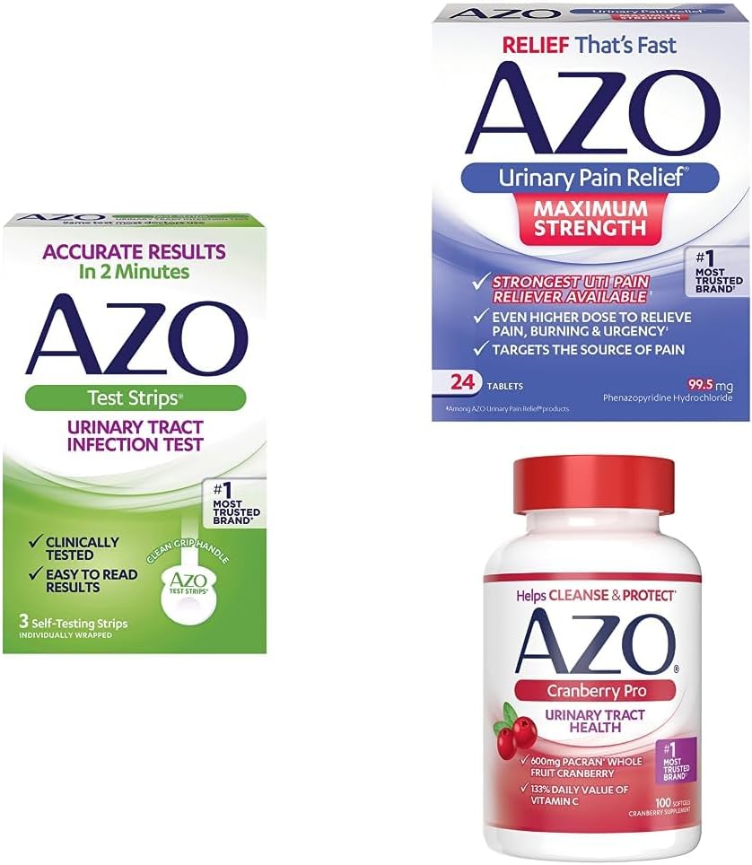 AZO UTI Pain Relief Bundle - AZO UTI Test Strips 3ct, AZO Urnanal Pain Relief Max Siła 24ct, AZO Cranberry Pro Supplement 100ct