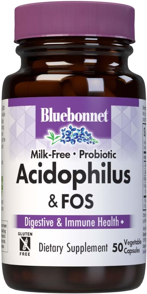 Bluebonnet Nutrition Milk- Free Probiotic Acidophilus & FOS, Digestive Health *, Immune Health *, Gluten- Free, Soy- Free, Dairy- Free, 50 Kapsułki roślinne, 50 Służenie
