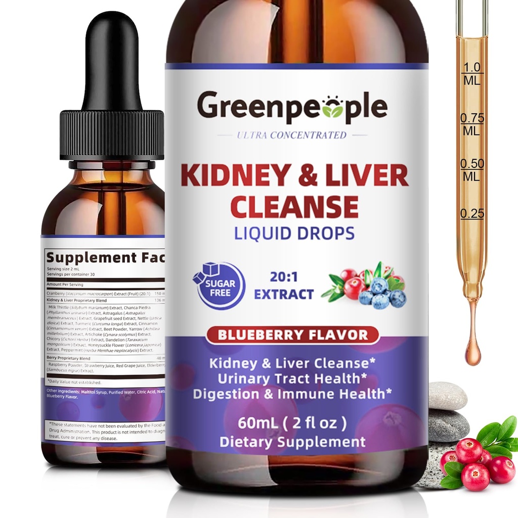 GREENHUS Nerka Cleanse Detox & Naprawa - 27- In-1 Nerki i Wątroba Dropy z 20: 1 Wyciąg żurawinowy i Chanca Piedra, Bezalkoholowy Suplement do Traktu moczowego i wsparcia wątroby (2 Oz 1 Pack, Blueberry)