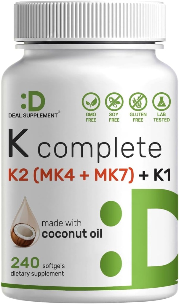 DEAL Supplement Witamina K Complete - 240 Softgels oleju kokosowego 124; Witamina o dużej mocy K2 (MK- 7 i MK- 4) & K1 Bilans 124; Pełna Widmo Triple Witamina Bilans 124; Kości, Joint, & Wsparcie immunologiczne - Non-GMO
