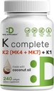 DEAL Supplement Witamina K Complete - 240 Softgels oleju kokosowego 124; Witamina o dużej mocy K2 (MK- 7 i MK- 4) & K1 Bilans 124; Pełna Widmo Triple Witamina Bilans 124; Kości, Joint, & Wsparcie immunologiczne - Non-GMO