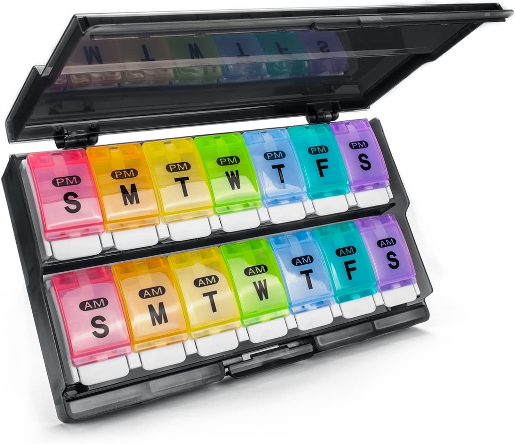 2 razy dziennie - przypomnienie Am / Pm Daily Pill Case Organizer Medicizer, Push Przycisk 7 Day Pill Box for Pills / Witamina / Dorsz Olej / Suplementy wątroby (Rainbow)
