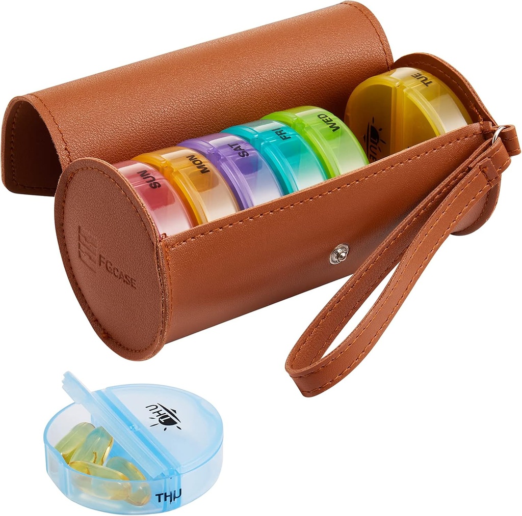 FGcase Cotygodniowy Pill Organizator 2 razy w dniu Duży 7 dzień Rainbow Pill Box z brązowym PU skórzanej skrzyni Przenośny pojemnik na leki podróży AM PM Pill Box na witaminy, Oleje rybne, Medycyna, Suplementy