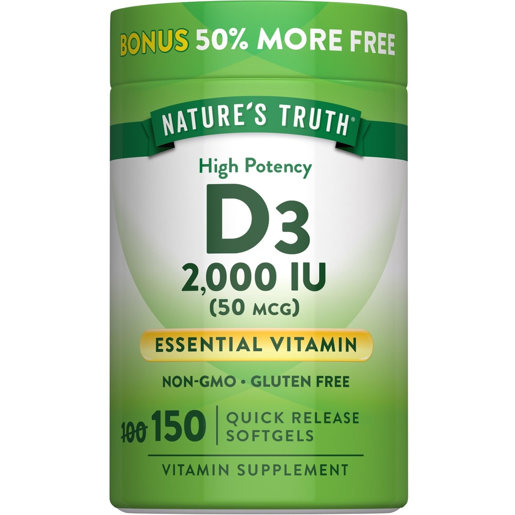 Nature 's Truth Witamina D3 2000 IU Softgels dla dorosłych 124; 150 Hrabia 124; Wysoka potencja 124; Non-GMO i gluten suplement wolny