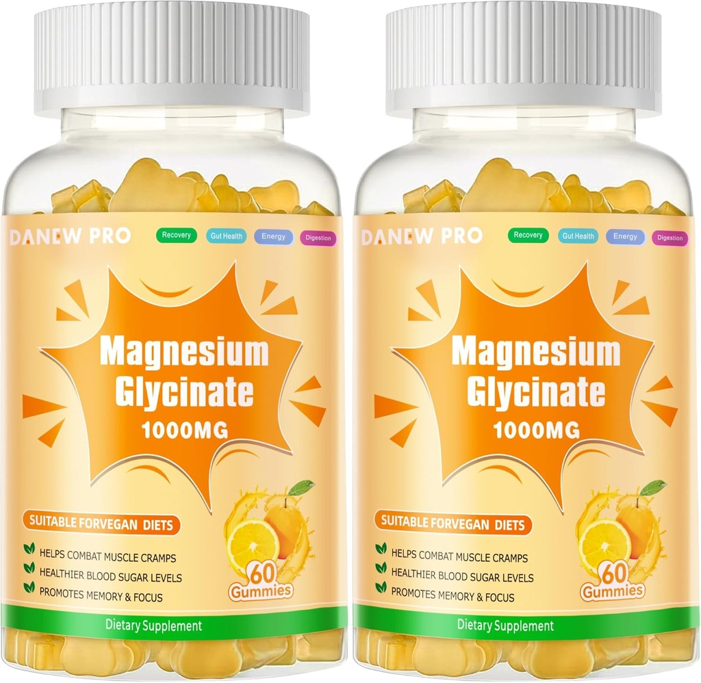 Glucynian magnezu Gummies 1000mg - Suplement potasu bez cukru Magnezu z witaminą D, B6, CoQ10 do uspokajania nastrojów i wsparcia snu - 120 Gumiaków pomarańczowych