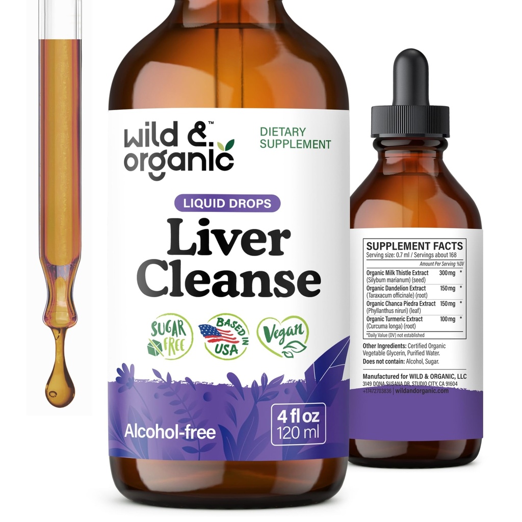 Wild & Organic Liver Cleanse Detox Tincture - Milk Thistle, Dandelion Root Herbal Complex - Liquid Liver Supplement Supplement - Vegan, Sugar & Alcohole-Free Milk Thistle Drops - 4 fl oz