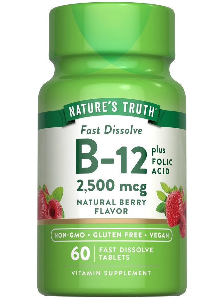 Nature 's Truth B12 Witamina 124; 60 Szybkie rozpuszczenie tabletek 124; 2500 μg 124; z kwasem foliowym 124; Wegan, Non-GMO & Gluten Free