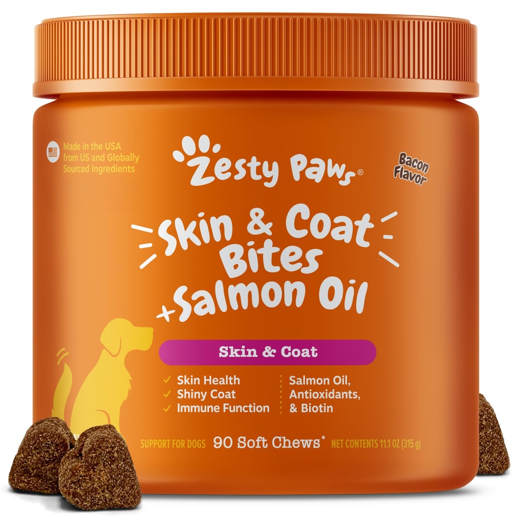 Zesty Paws Omega 3 Olej rybny dla psów - Zesty Paw Dog Vitamin i suplementy dla Hip, Joint & Skin, Bacon (90 Chews)