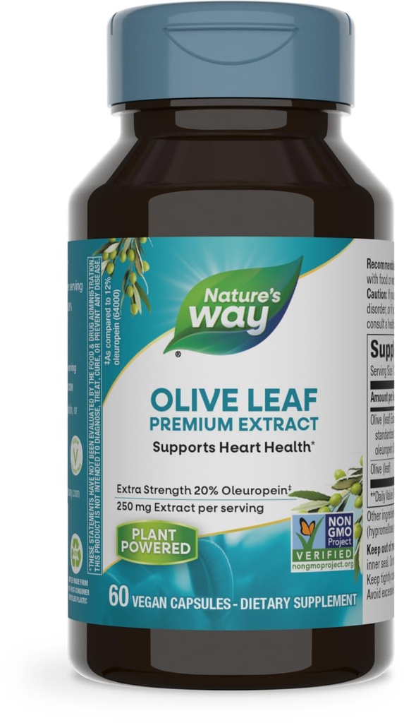 Natural 's Way Olive Leaf, Premium Extract, Supports Heart Health *, 20% Oleuropein, 250 mg na porcję, Non-GMO Project Verified, 60 Vegan Capsules (Packaging May Vary)