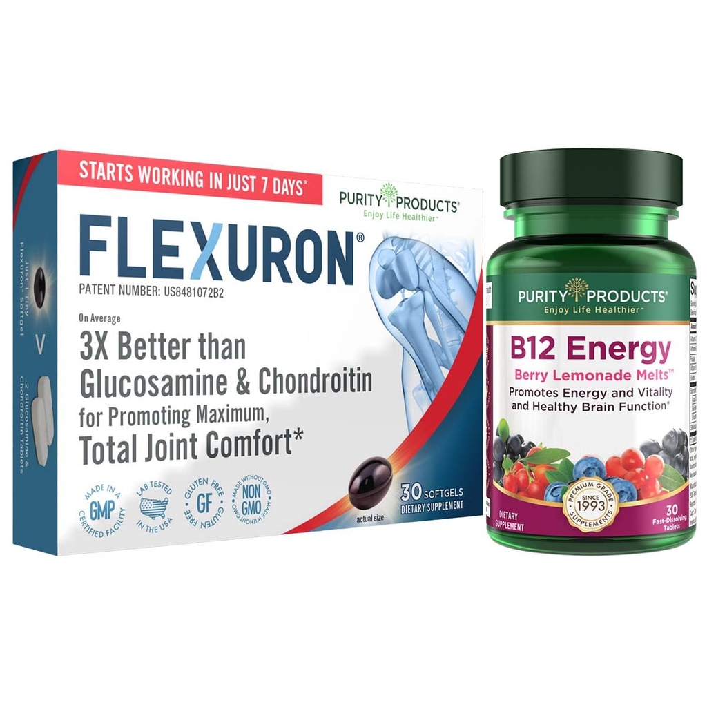 Czystość Produkty Flexuron Joint Formula + B- 12 Energia Roztop Flexuron (Olej krylowy, Niska masa cząsteczkowa Kwas hialuronowy, Astaksantyna) - B12 Energia Roztop (Metylokobalamina B12, Witamina D3, Biotyna + Więcej)