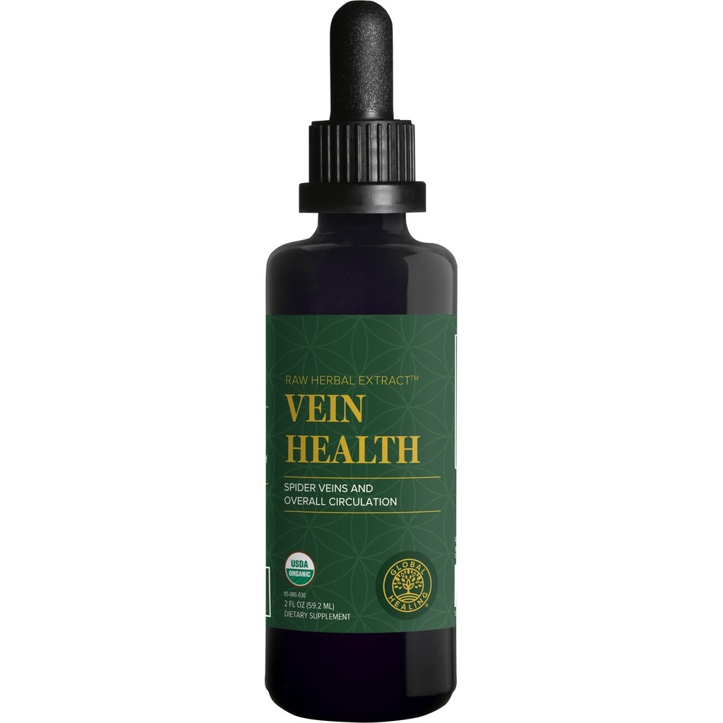 Global Healing Plant-based Vein Health Liquid Vegan Suplement Drops do wsparcia przepływu krwi i cyrkulacji, Pomaga ze Spider & Varicose Veins dla zdrowych nóg - Organic Koń kasztanowy korzeń - 2 Fl oz
