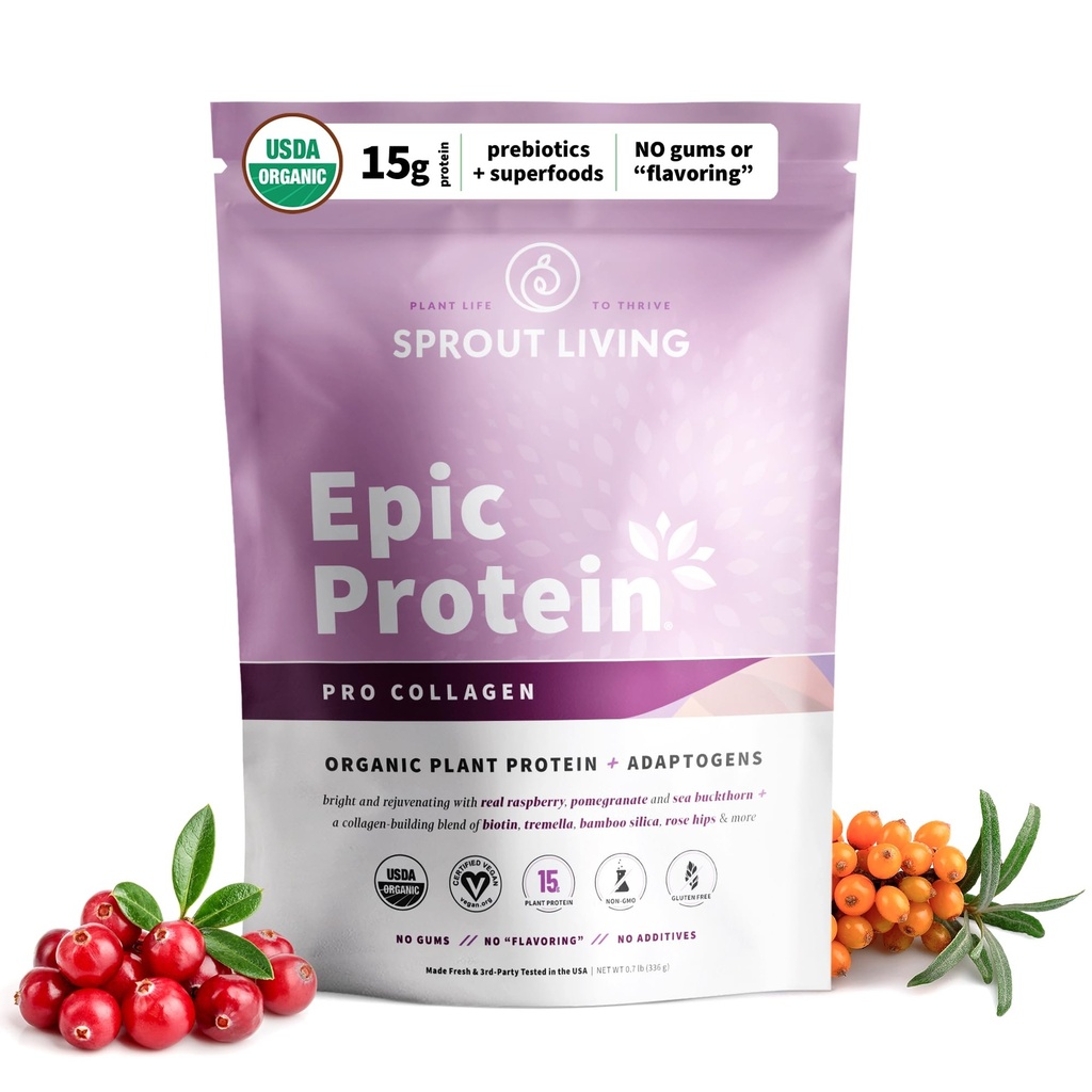Proso Żywe Epickie Białko, Białko roślinne i Superfoods Proszek, Pro Collagen, Berry 124; 15 Grams Organic Protein Powder, Wegan, Non Dairy, Non-GMO, Gluten Free, niski cukier (0.7 Funt, 12 Służenie)