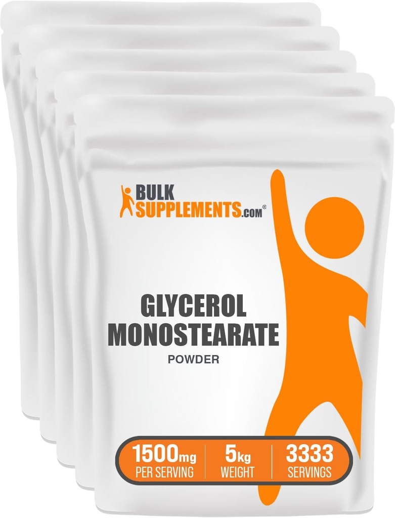 BulkSupplements.com Glicerol Monostearynian Proszek - Glicerol Proszek, Suplement glicerolu, Źródło energii - Klasa żywności, Bez glutenu, 1500mg na jedną porcję, 5kg (11 lbs) (opakowanie po 5)