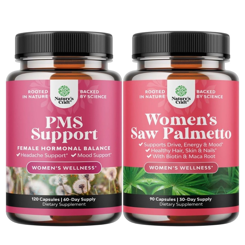 Paleta zaawansowanego wsparcia PMS suplement dla niskoenergetycznych moodowych okres wsparcia skurcze i ulgi dla kobiet i Extra Siła Piła Palmetto dla kobiet - DHT Blocker Grubsza Witamina do włosów
