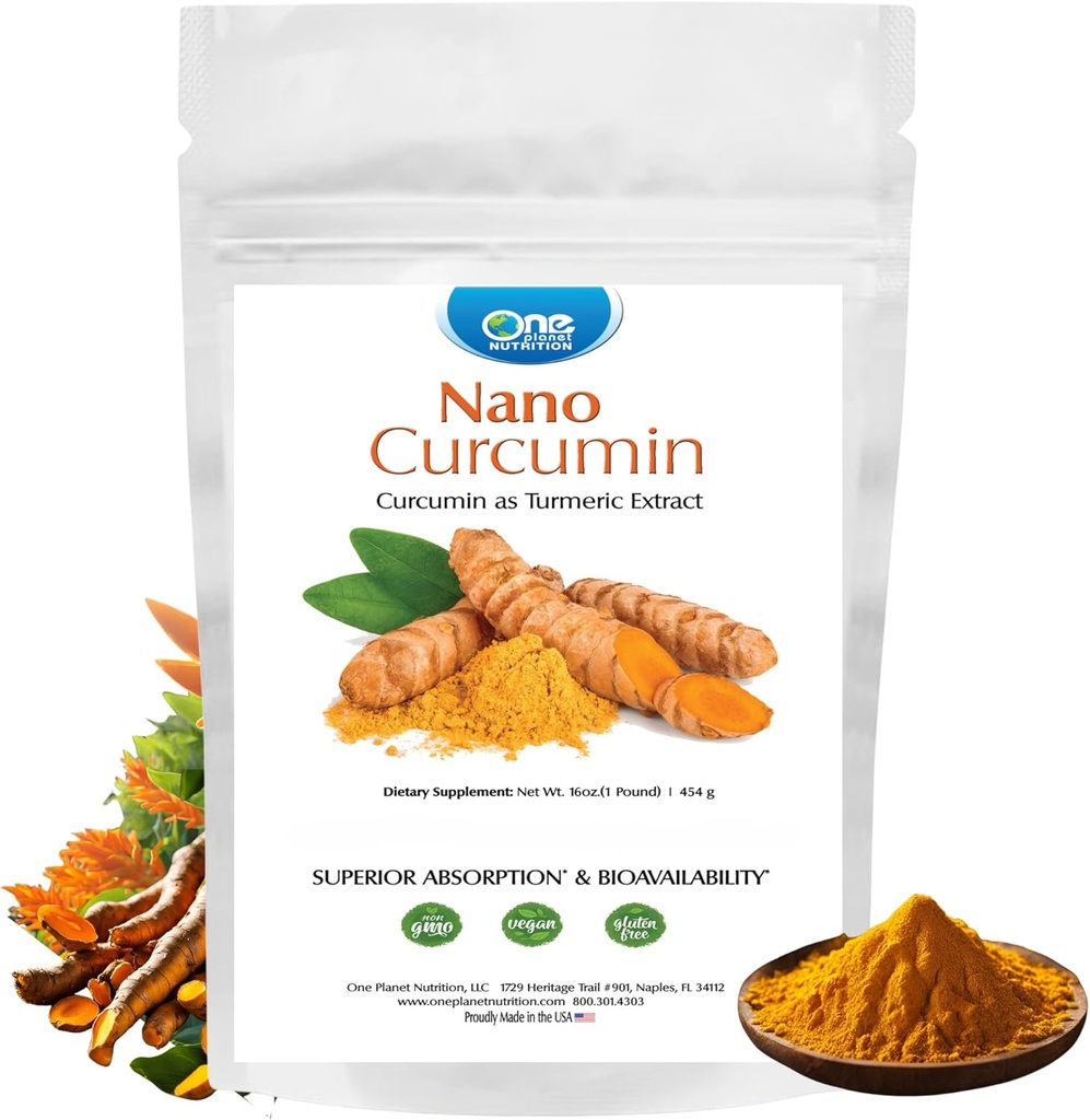 One Planet Nutrition Nano Curcumin Powder 16 oz (454 Servings), Pure Turmeric Extract, Maksymalna absorpcja dla Enhanced Curcumin Benefits, Non-GMO, Wegan, Gluten- Free.